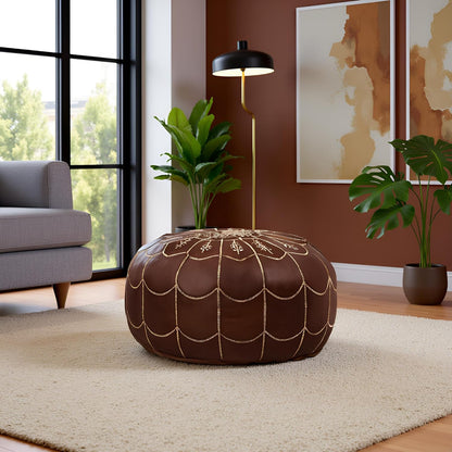 Stuffed Arch Design Moroccan Leather Pouf Ottoman, Handmade, Pre-Filled, 100% Genuine Leather, 14”