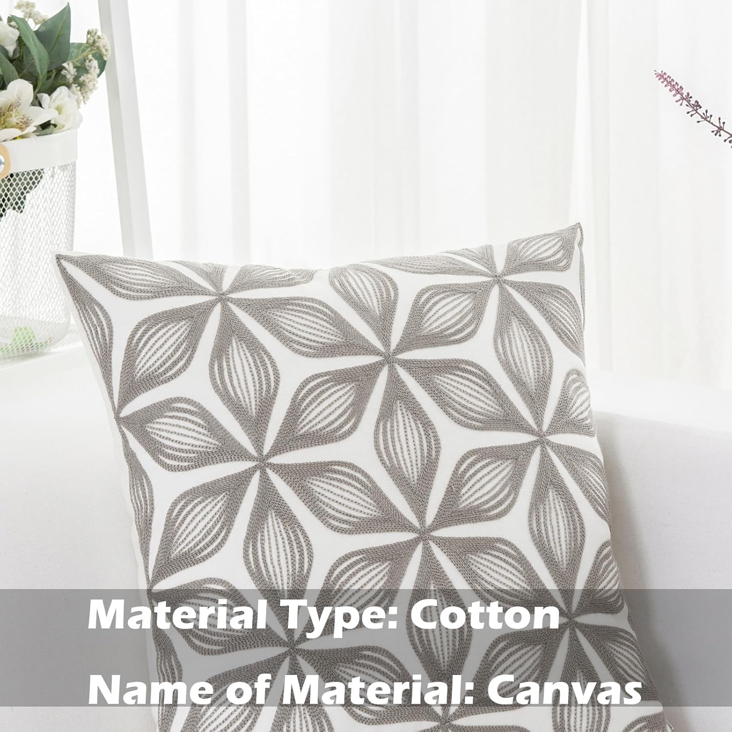 HWY 50 Grey Gray Decorative Throw Pillow Covers 18x18 Inch (1 Piece), Embroidered Cotton Farmhouse