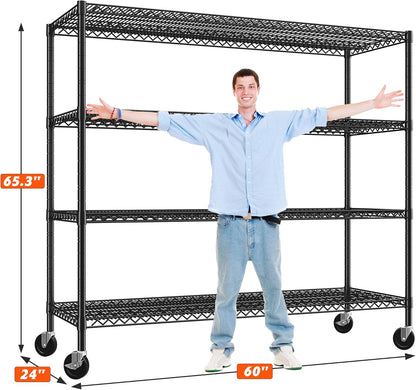 REIBII 60" W Storage Shelves 2878LBS Wire Shelving Unit with Wheels Heavy Duty Metal Shelving