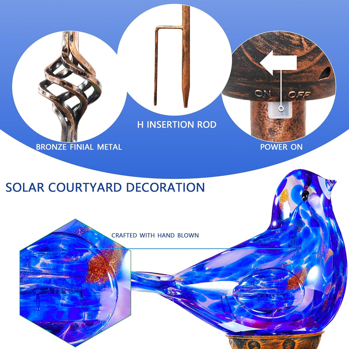 Decorative Solar Lights, Outdoor Solar Bird Stake Lights, Hand Blown Glass Decorative Garden
