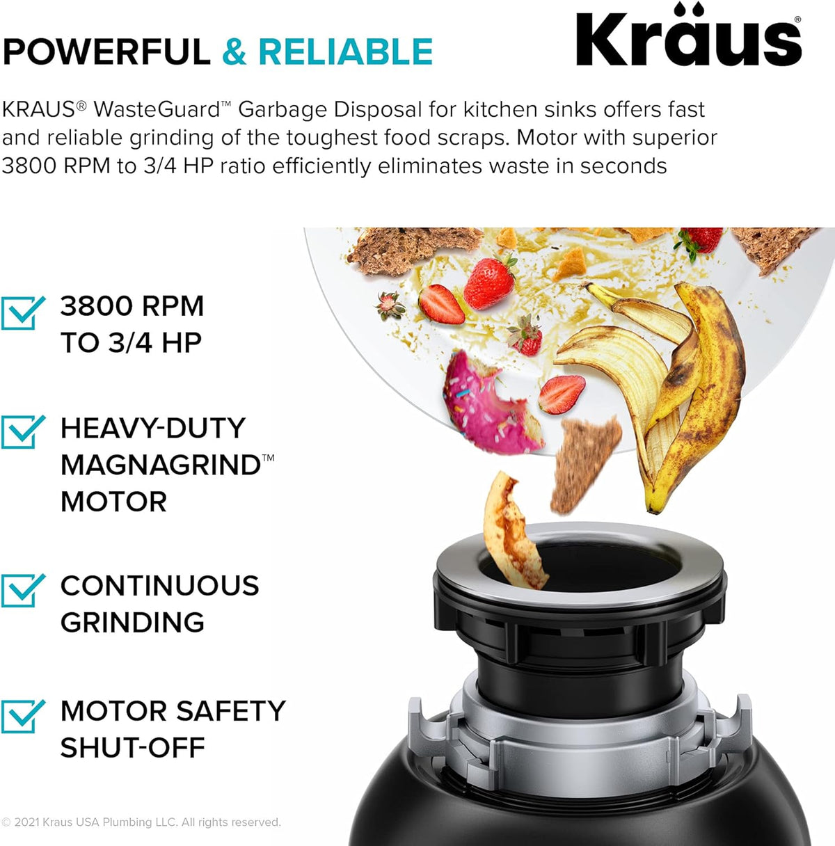 KRAUS WasteGuard 3/4 HP Ultra-Quiet Garbage Disposal with Quick Connect, Kitchen Sink Drain Cover
