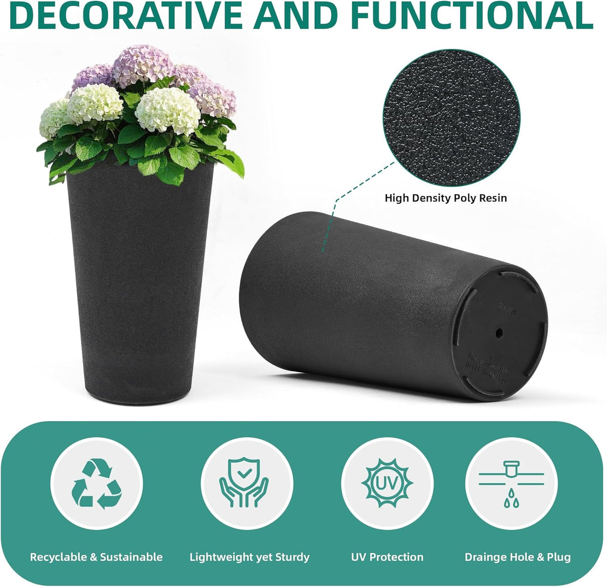 24" Tall Planters for Outdoor Plants, Set of 2 Heavy-Duty Resin Flower Pots, Matte Black Leather