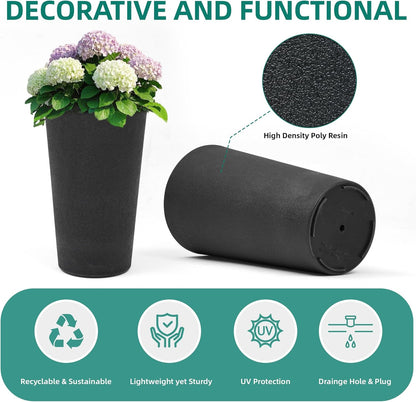 24" Tall Planters for Outdoor Plants, Set of 2 Heavy-Duty Resin Flower Pots, Matte Black Leather