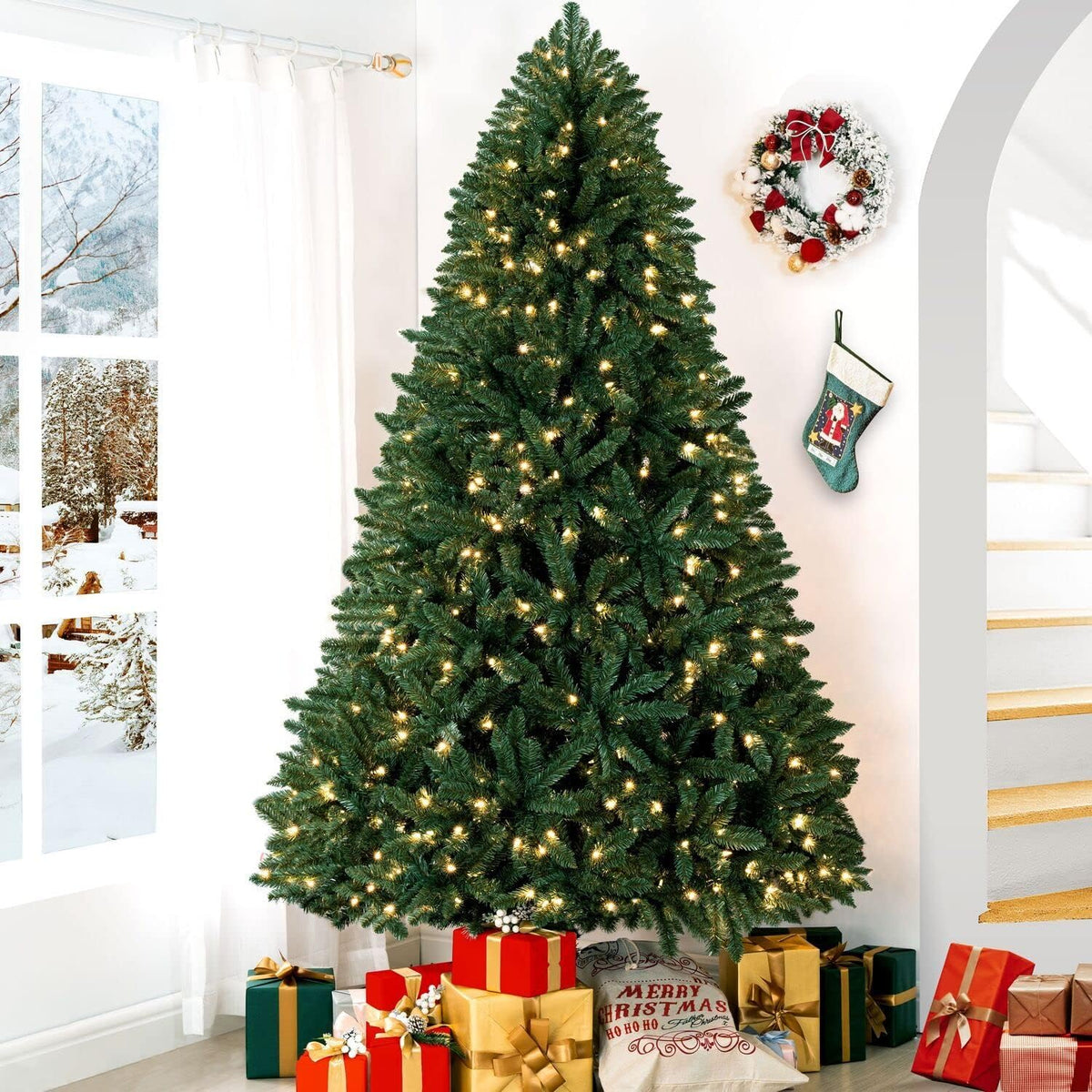 Prague 7.5ft Prelit Artificial Christmas Tree with Foot Pedal, 1717 Branch Tips, 550 Warm Lights