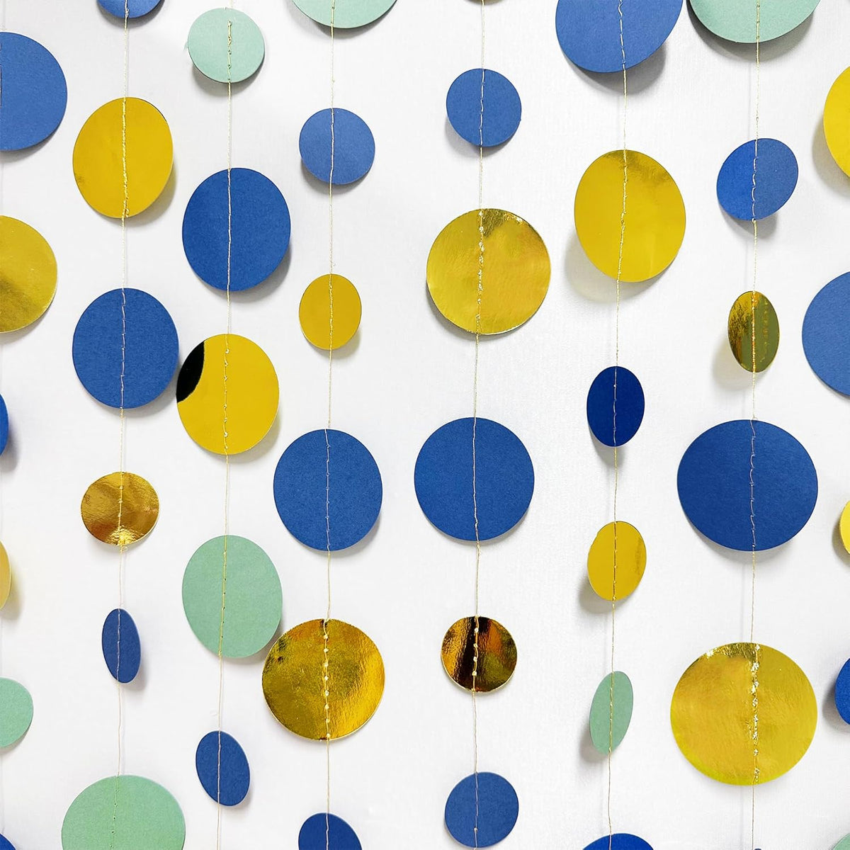 Blue Gold Green Decorations Circle Dots Garland Metallic Gold Navy Blue with Sage Green Hanging