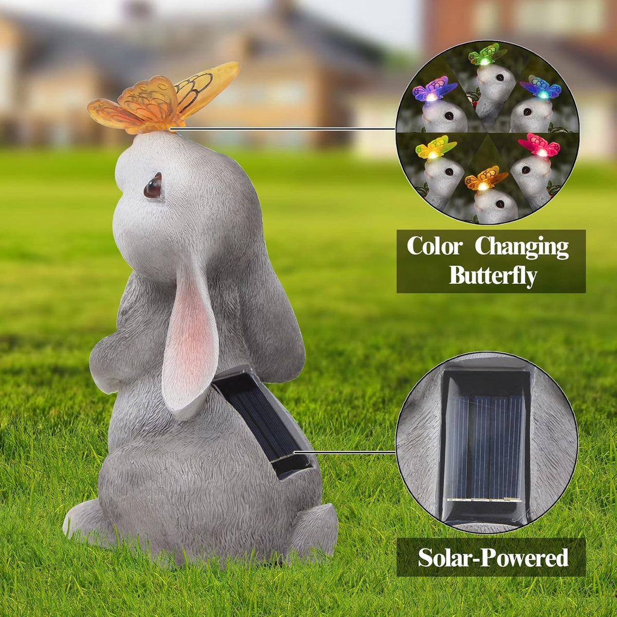 Garden Statue Outdoor Decor-Rabbit with Solar Butterfly Changing Lights Garden Statues,Bunny Statue