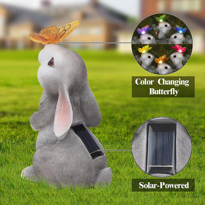 Garden Statue Outdoor Decor-Rabbit with Solar Butterfly Changing Lights Garden Statues,Bunny Statue
