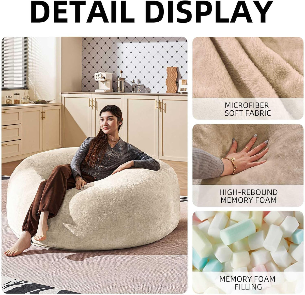 Bean Bag Chair 5Ft, Memory Foam Filled, Large Beanbag Chairs for Adults and Teens, Soft Sofa with