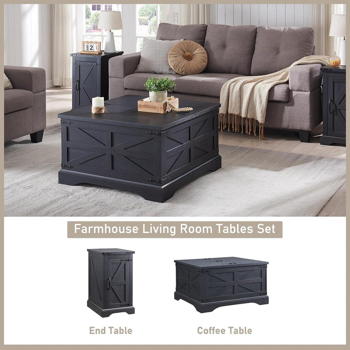JXQTLINGMU Farmhouse Nightstand Set of 2 with Charging Station, 17" D Rectangular End Table with