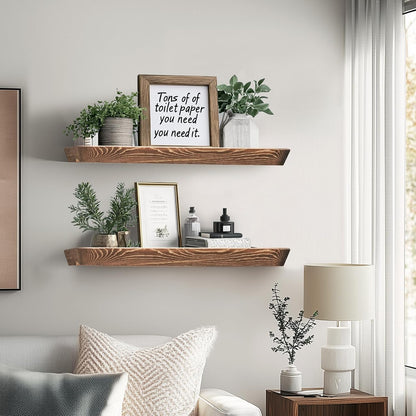 24"x6.8"x1.6" Slanted Floating Wall Shelves 2-Pack - Rustic Brown Finish, Heavy-Duty Solid Wood