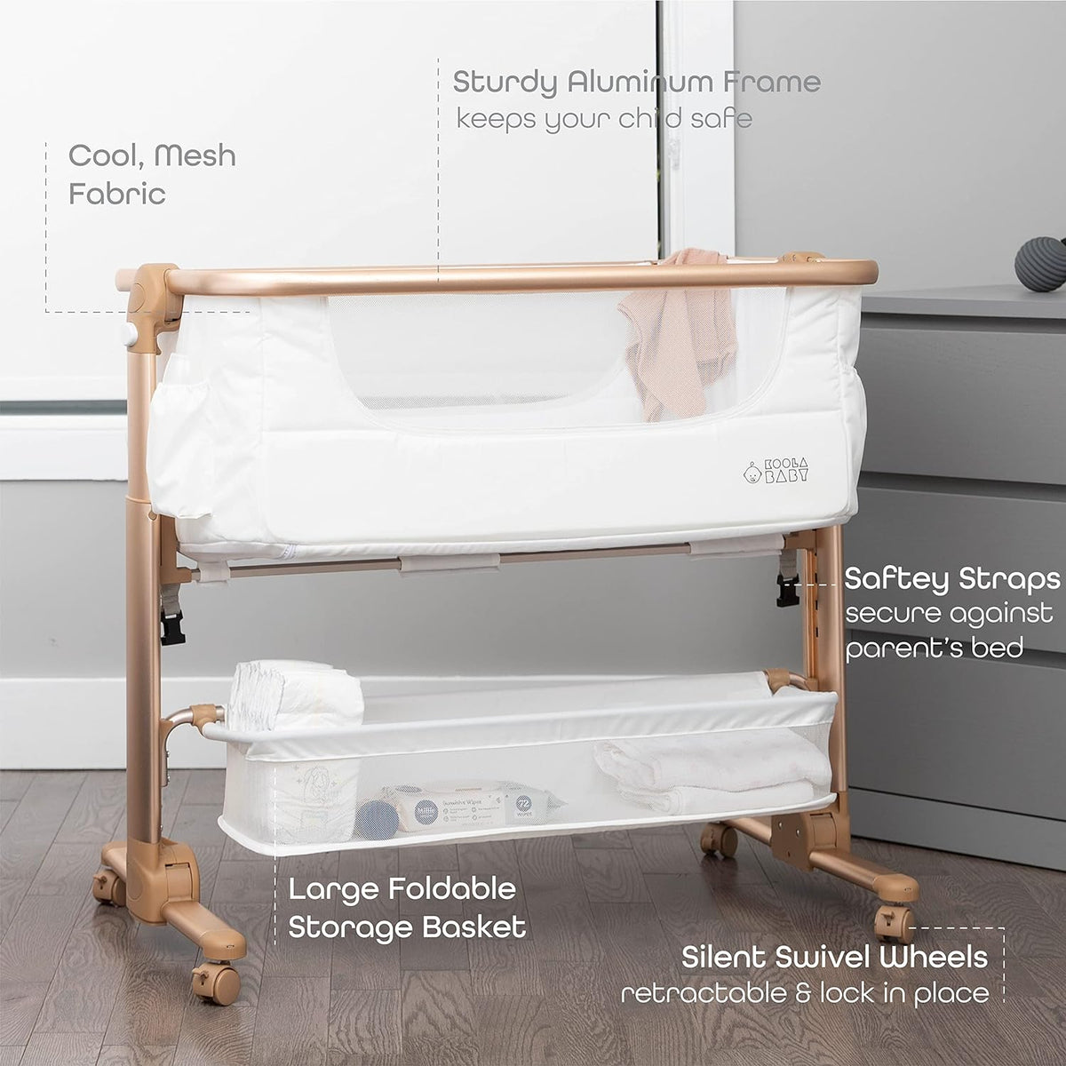 KoolerThings Baby Bassinet, Bedside Sleeper for Baby, Easy Folding Portable Crib with Storage