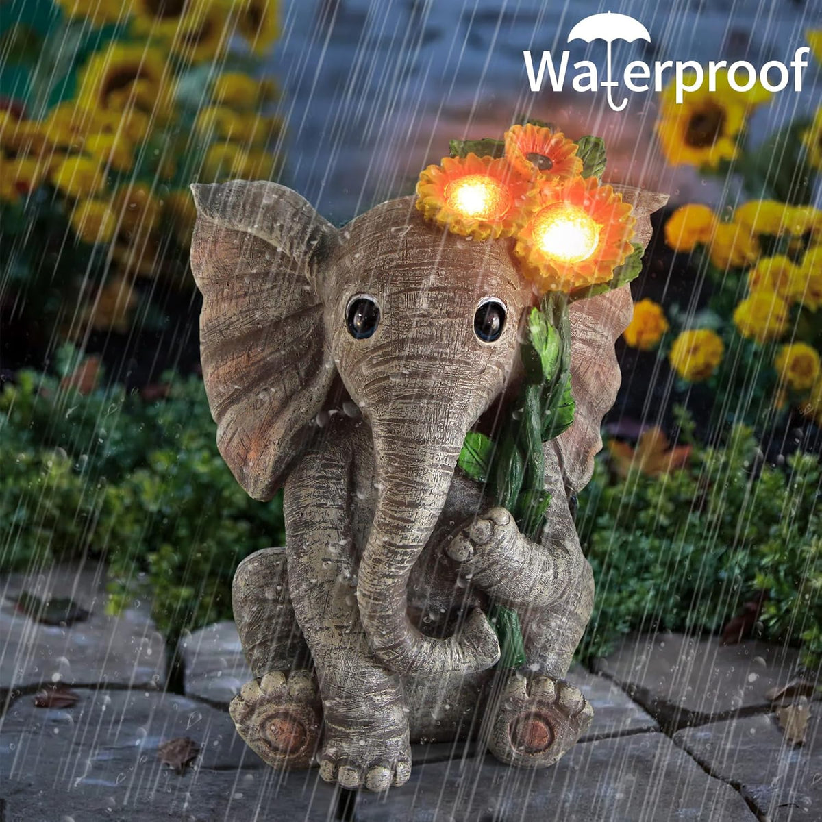 Outdoor Sculpture Figurine Statue Elephant Decor,Solar Garden Statues for Patio Home Yard