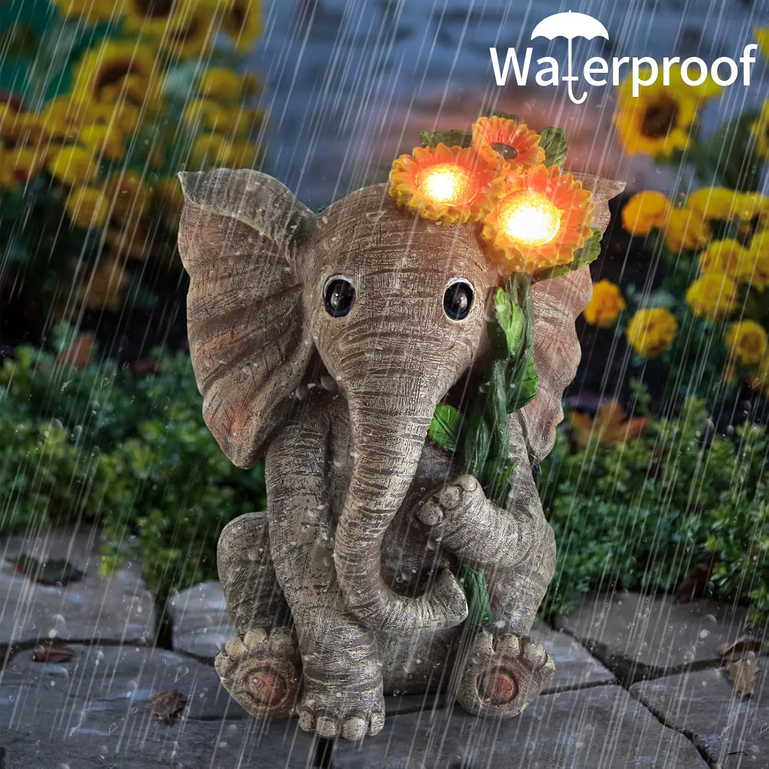 Outdoor Sculpture Figurine Statue Elephant Decor,Solar Garden Statues for Patio Home Yard