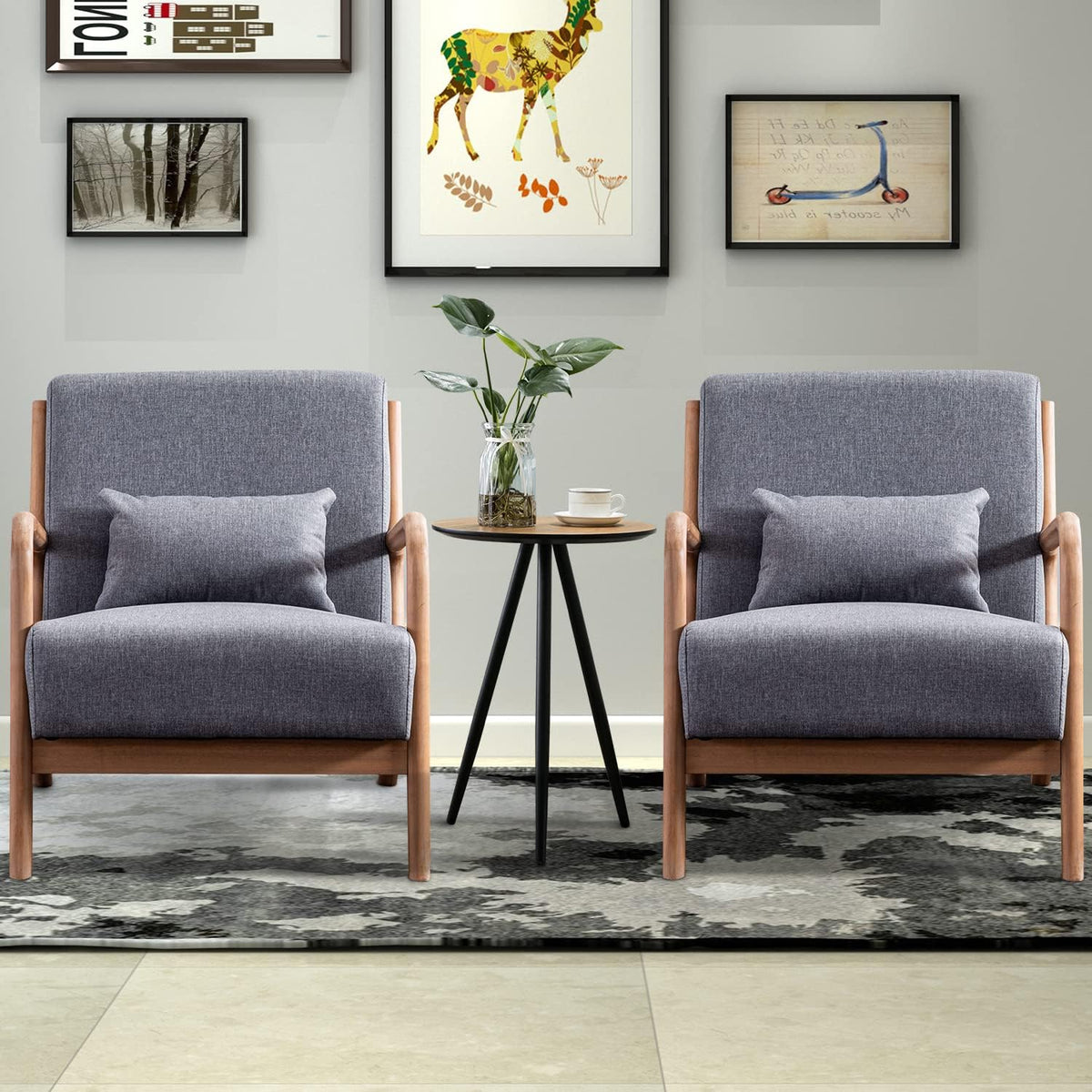 INZOY Mid Century Modern Accent Chair with Wood Frame, Upholstered Living Room Chairs with Waist