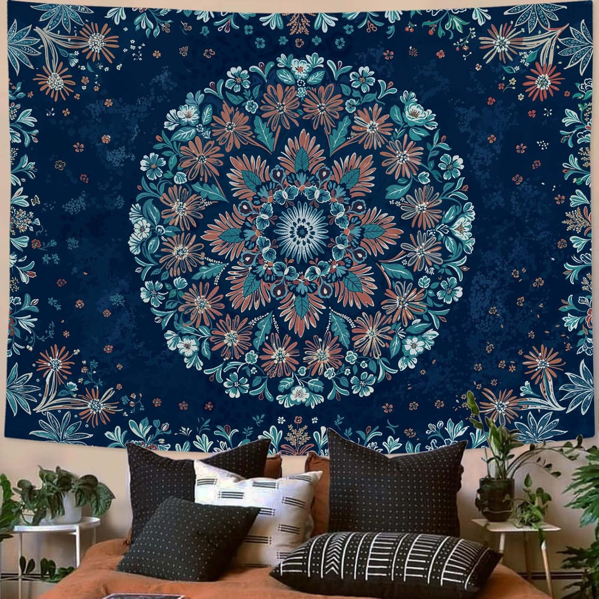 Fowocu Boho Floral Mandala Tapestry Wall Hanging Blue Bohemian Flower Medallion Tapestry Aesthetic