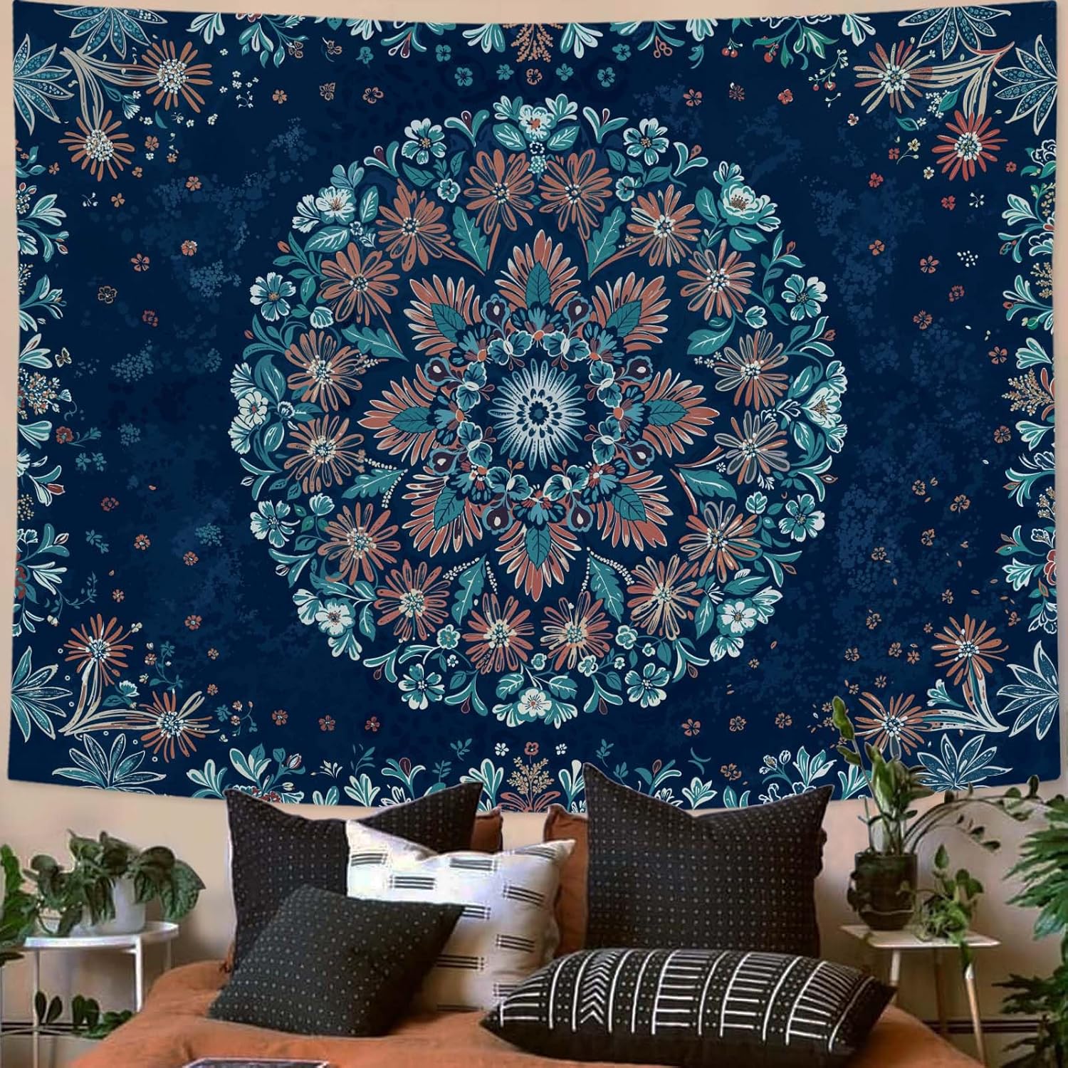 Fowocu Boho Floral Mandala Tapestry Wall Hanging Blue Bohemian Flower Medallion Tapestry Aesthetic