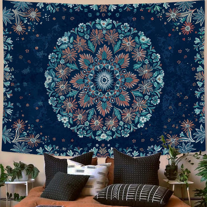 Fowocu Boho Floral Mandala Tapestry Wall Hanging Blue Bohemian Flower Medallion Tapestry Aesthetic