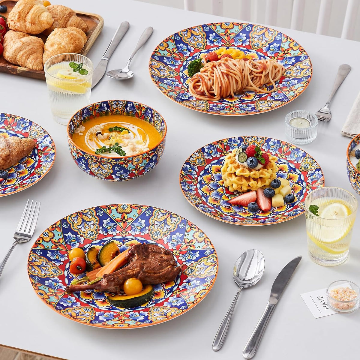 vancasso 12 Pieces Dinnerware Sets, Orange Plates and Bowls Set, Porcelain Dishes Set for 4