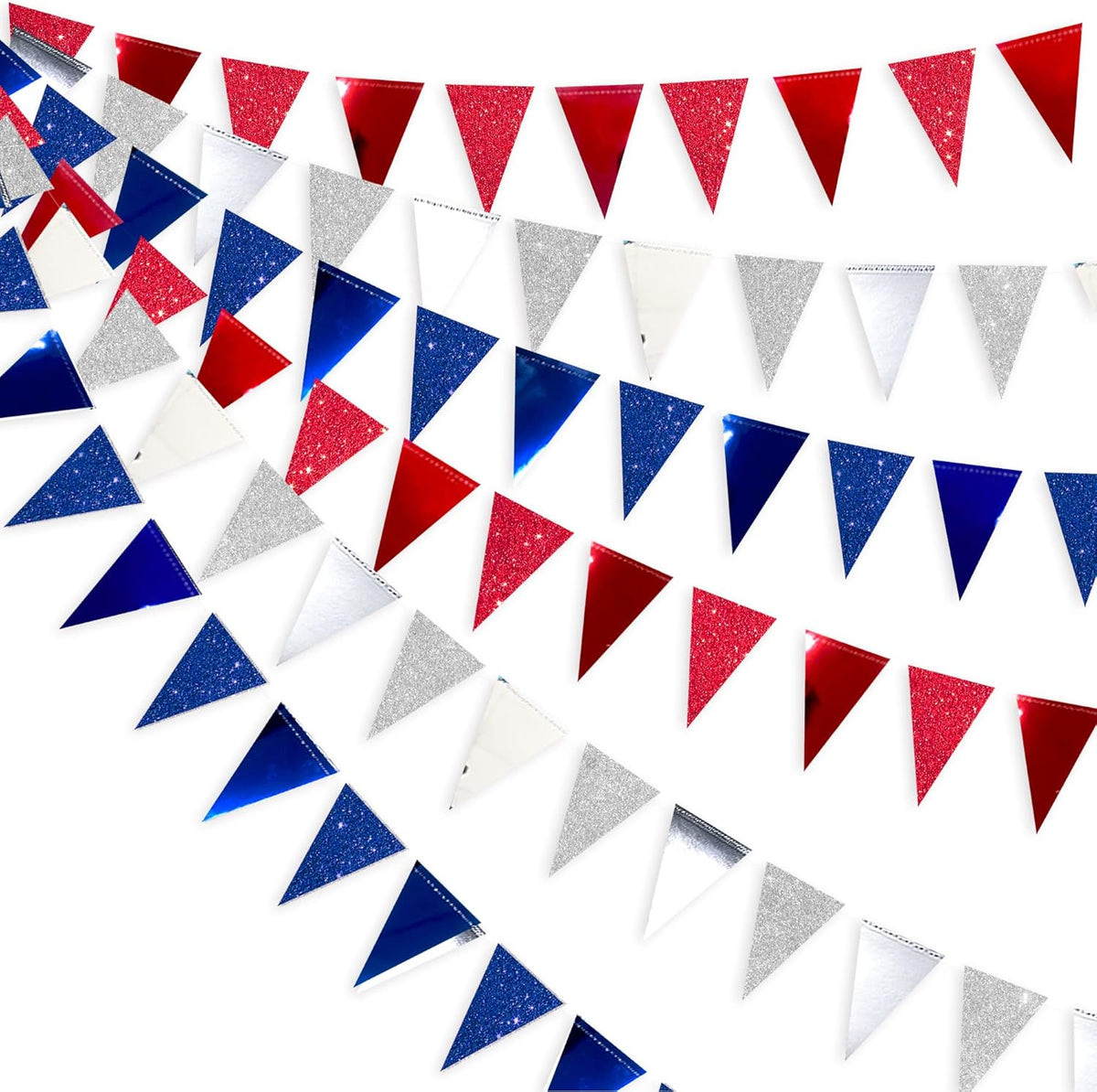 30 Ft Red Silver Blue Triangle Pennant Banner Bunting Hanging Paper Flag Garland for 4th of July