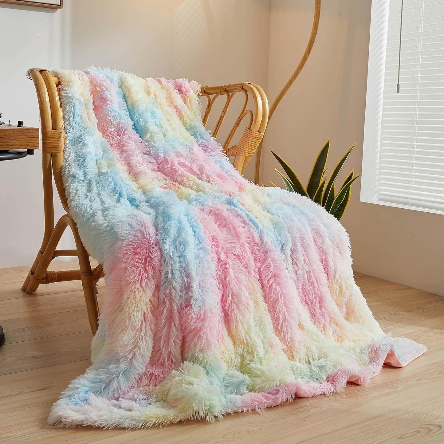 XeGe Plush Faux Fur Rainbow Throw, Tie Dye 50x60 Shaggy Furry Blanket, Fluffy Microfiber Velvet