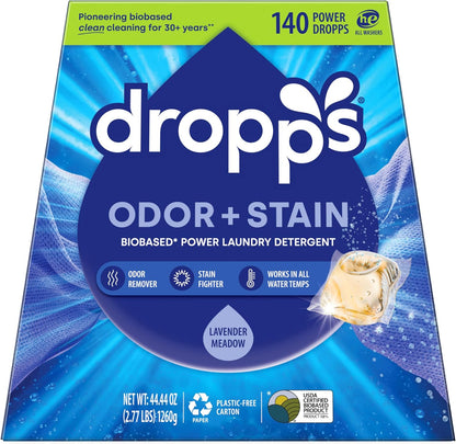 Dropps Odor & Stain Biobased Power Laundry Detergent Pods, Lavender Meadow(140 Count) - HE