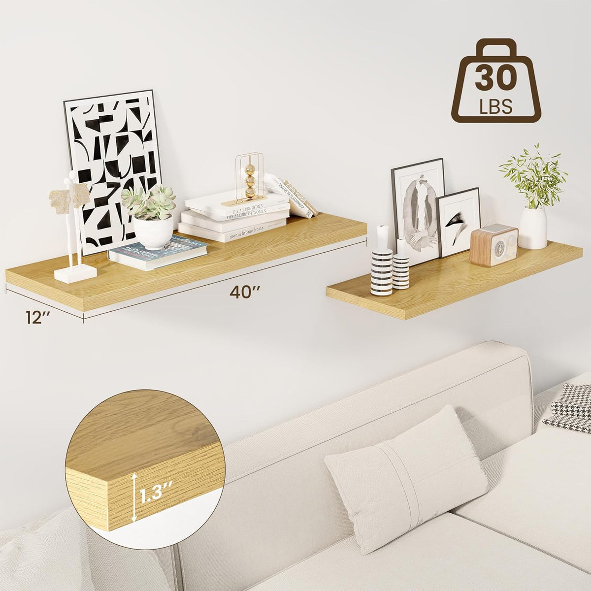 40" Floating Shelves for Wall, 12" Deep Slim Oak Floating Shelves, Wall-Mounted Shelves for