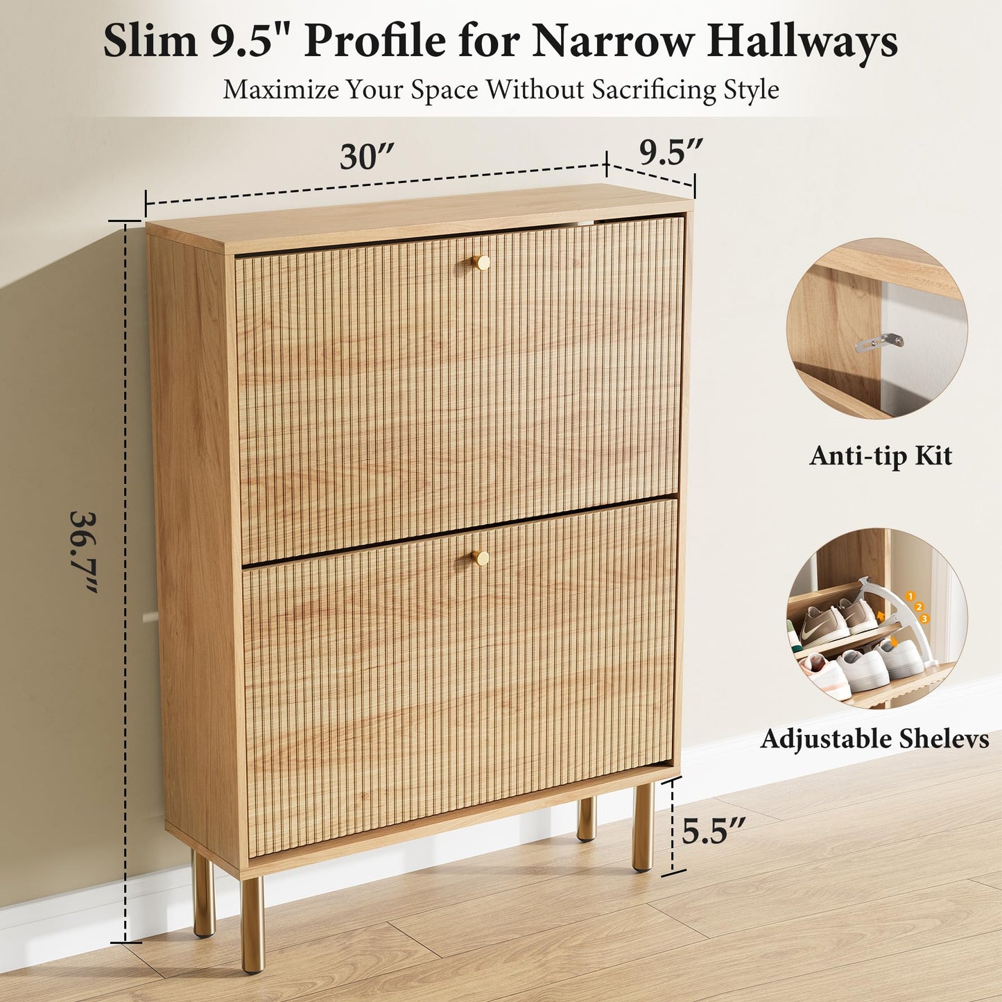 Nicetree Shoe Storage Cabinet for Entryway - Flip Shoe Cabinet with Tiered Fluted Design - Slim