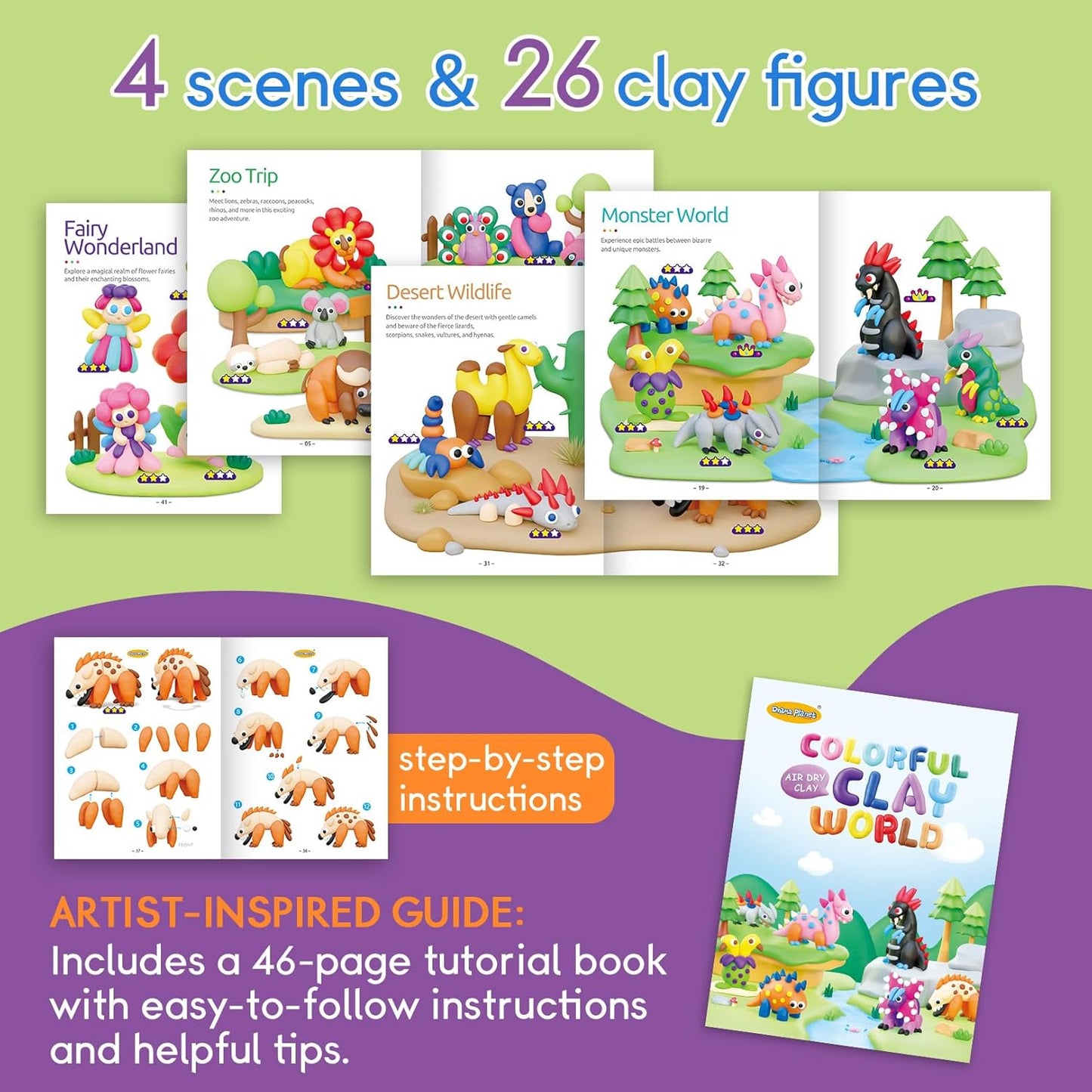 Drama Planet Air Dry Clay Kit for Kids - 18 Cans of Modeling Clay, 46-Page Guidebook with 26