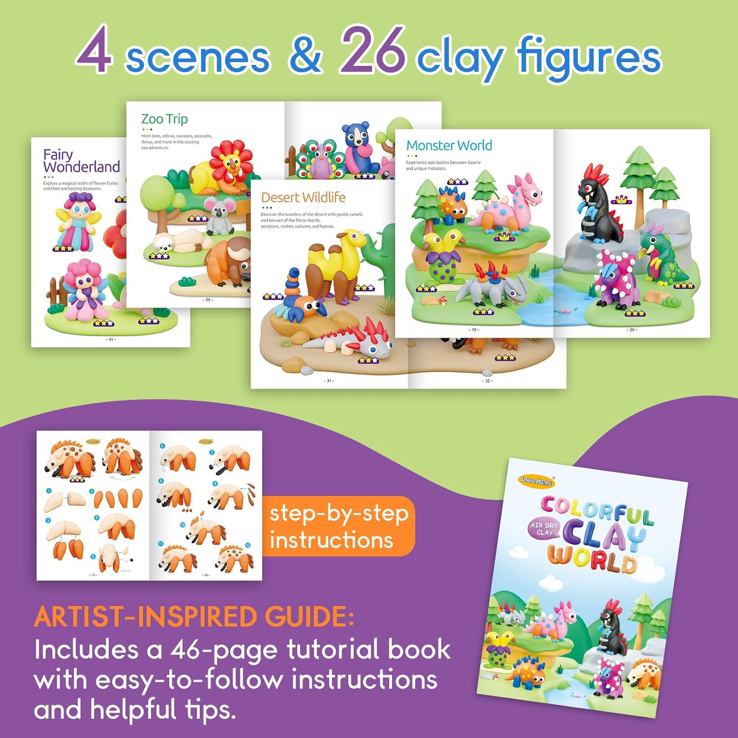 Drama Planet Air Dry Clay Kit for Kids - 18 Cans of Modeling Clay, 46-Page Guidebook with 26