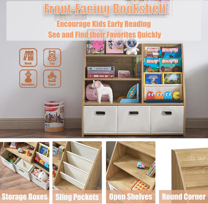 Kids Bookshelf and Toy Storage Organizer, Montessori Nursery Book Shelves with 3 Tier Sling Rack &
