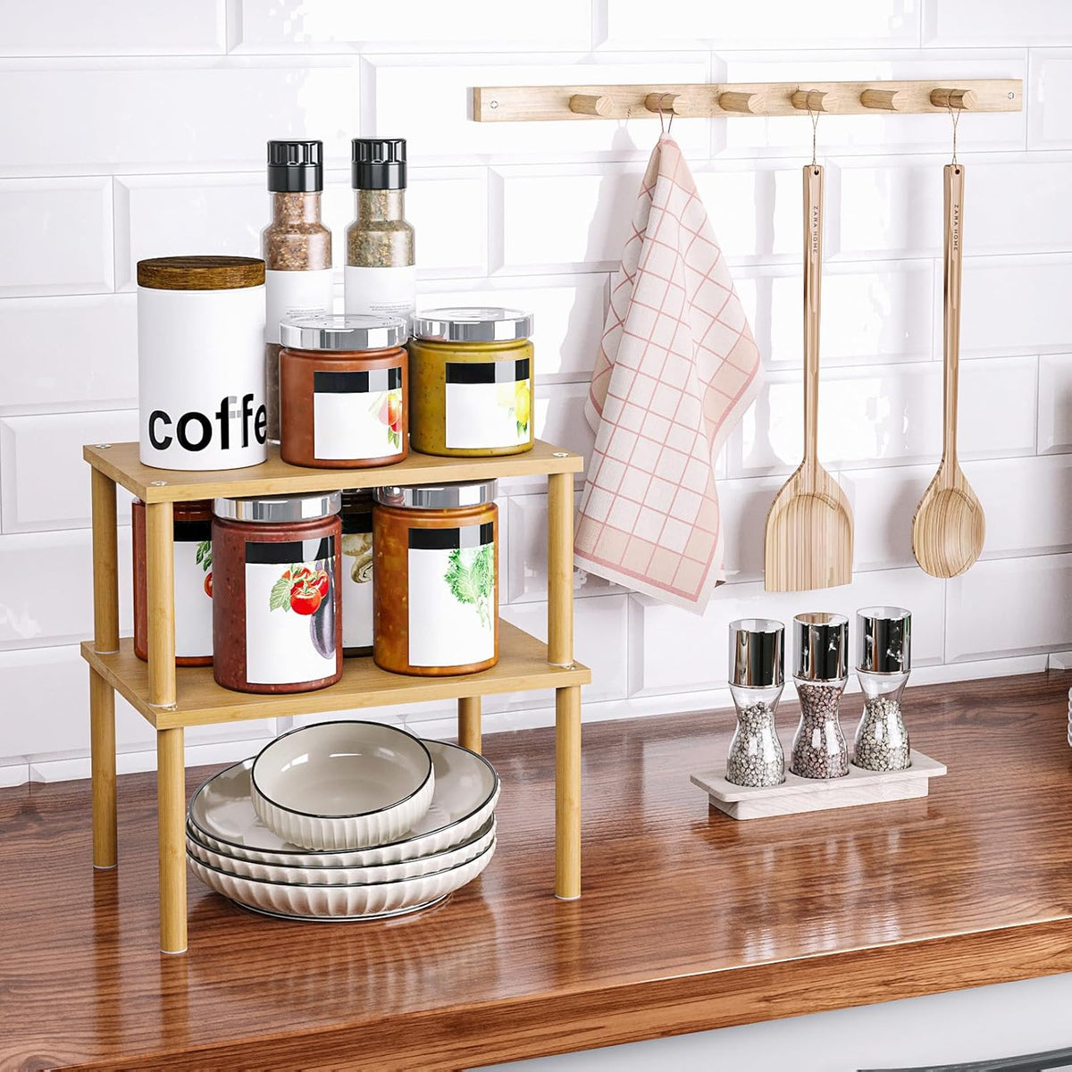 Cabinet Organizer Shelf(Set of 2),Kitchen Counter Shelves,Bamboo Stackable Expandable Spice Rack