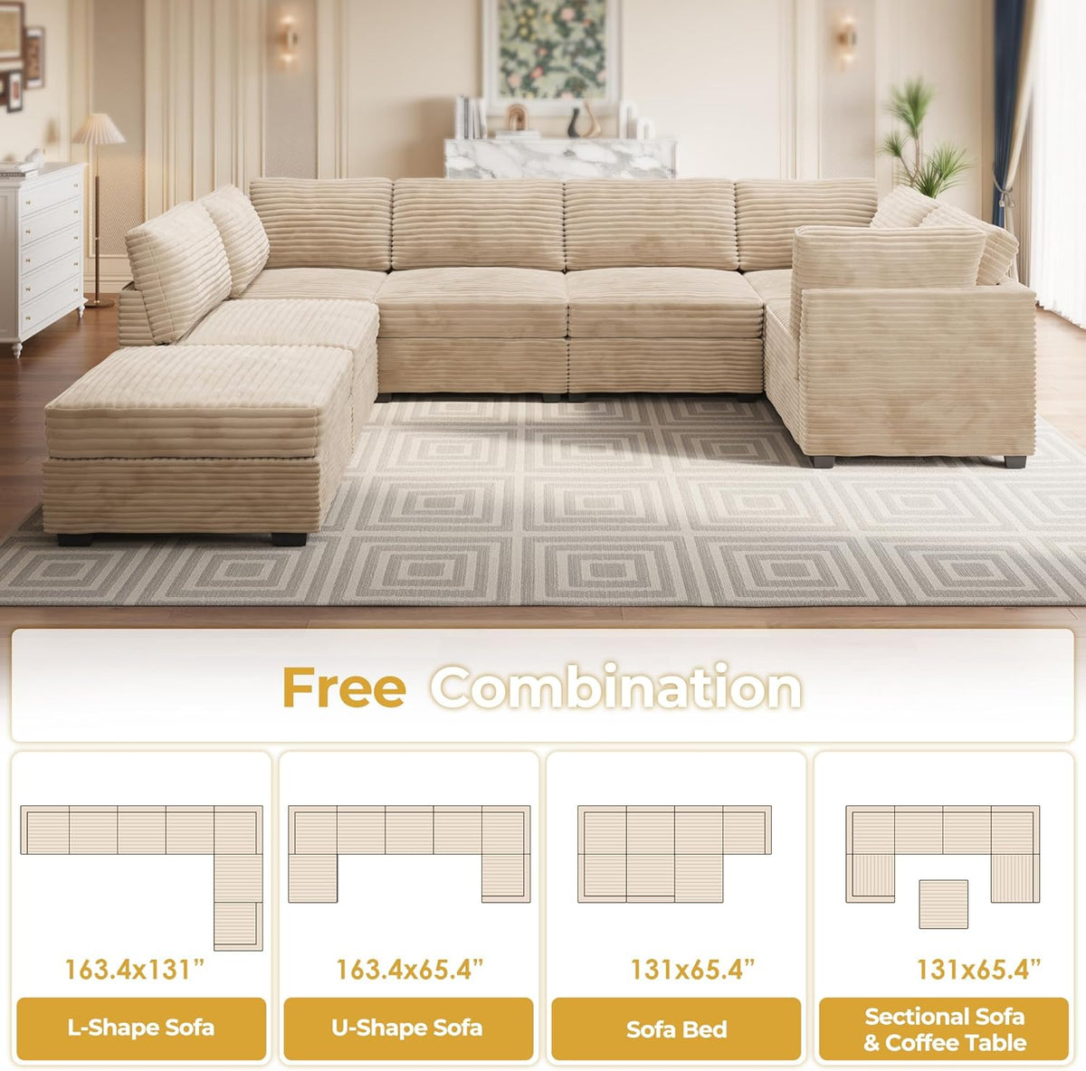 HOOOWOOO Modular Sectional Sofa,7 Pieces Sectional Couches for Living Room,131X66 U Shaped Cloud