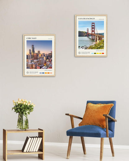 HesenDot Natural OAK Wood Chicago Cityscape Framed Wall Art,12x16in City Skyline Canvas Wall