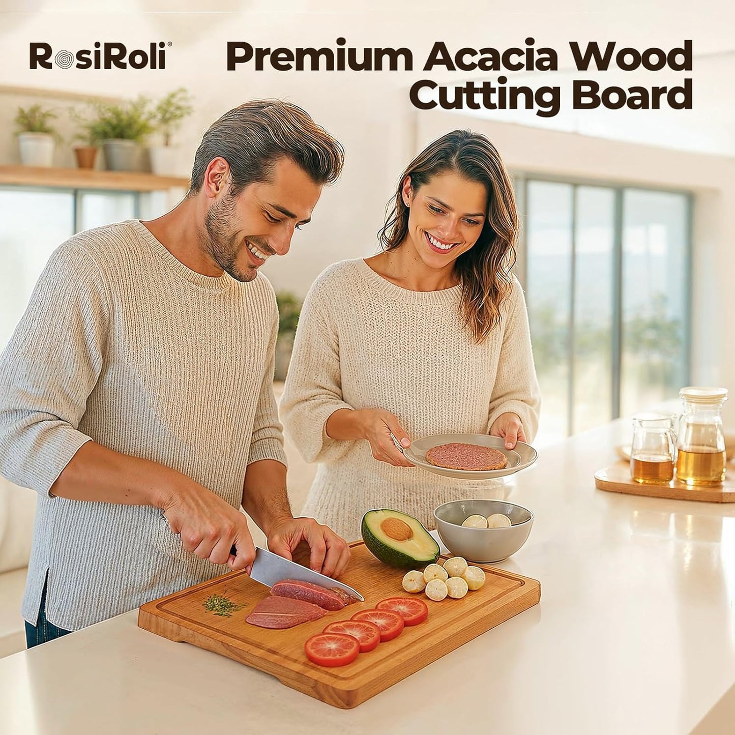 Acacia Wood Cutting Board for Kitchen - 1 inch Thick FSC Certified Wood Charcuterie Cheese Board