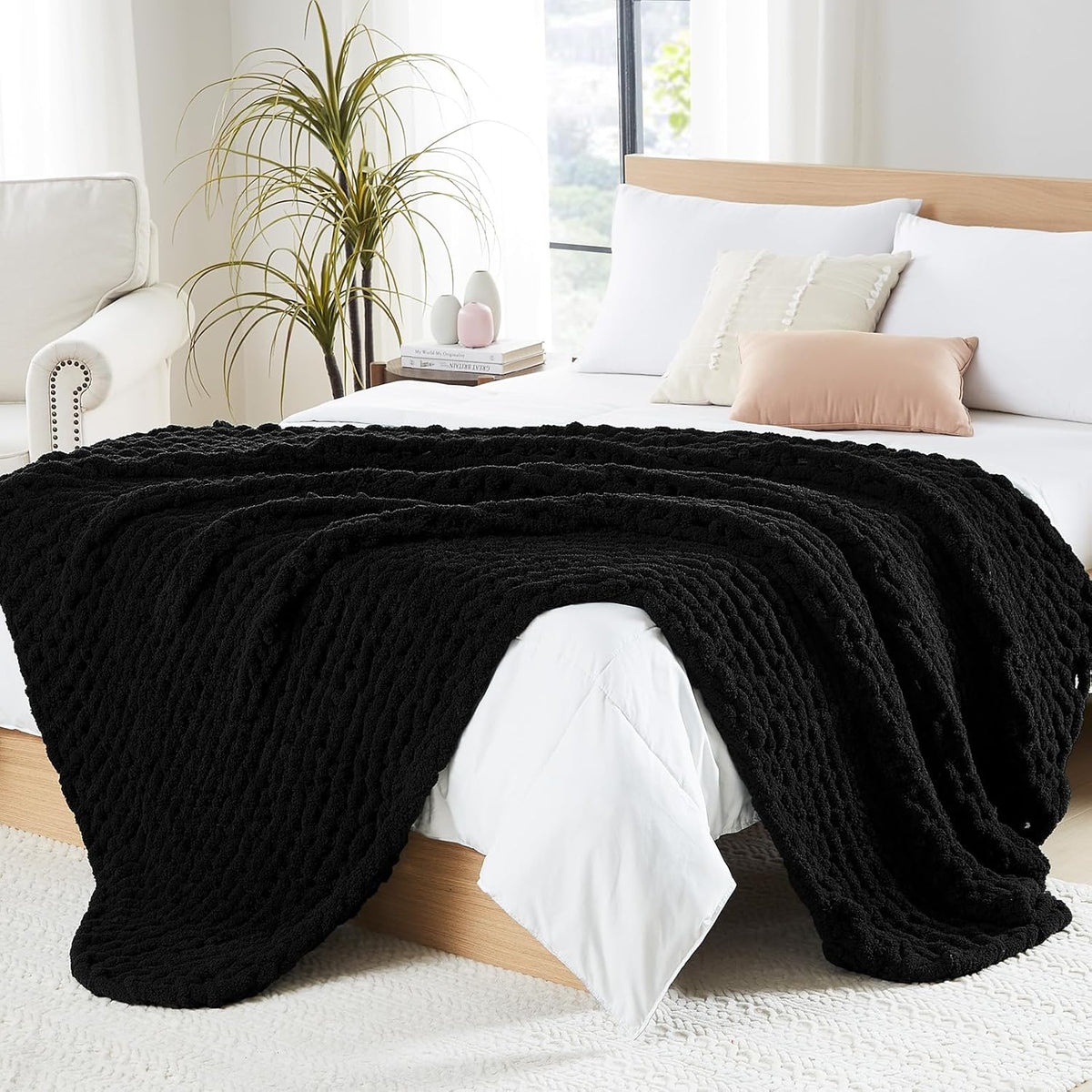 L'AGRATY Chunky Knit Blanket Throw: 80''x90'' Chenille Chunky Knitted Throw Blanket for Bed Couch