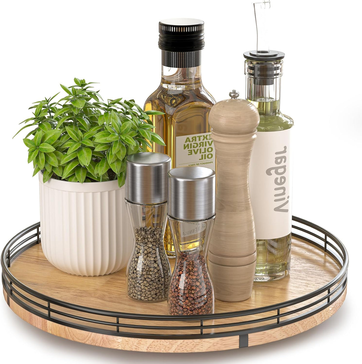 12" Lazy Susan Oak Wood Turntable Organizer for Cabinet, Farmhouse Round Wooden Lazy Susan