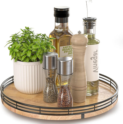 12" Lazy Susan Oak Wood Turntable Organizer for Cabinet, Farmhouse Round Wooden Lazy Susan