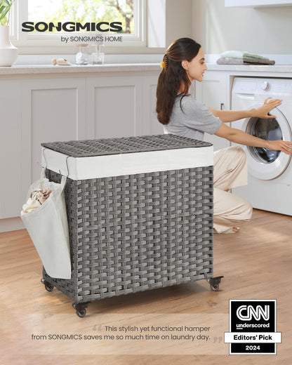 SONGMICS Laundry Hamper with Lid, 37 Gallons (140 L), Rolling Laundry Basket with Wheels, 3-Section