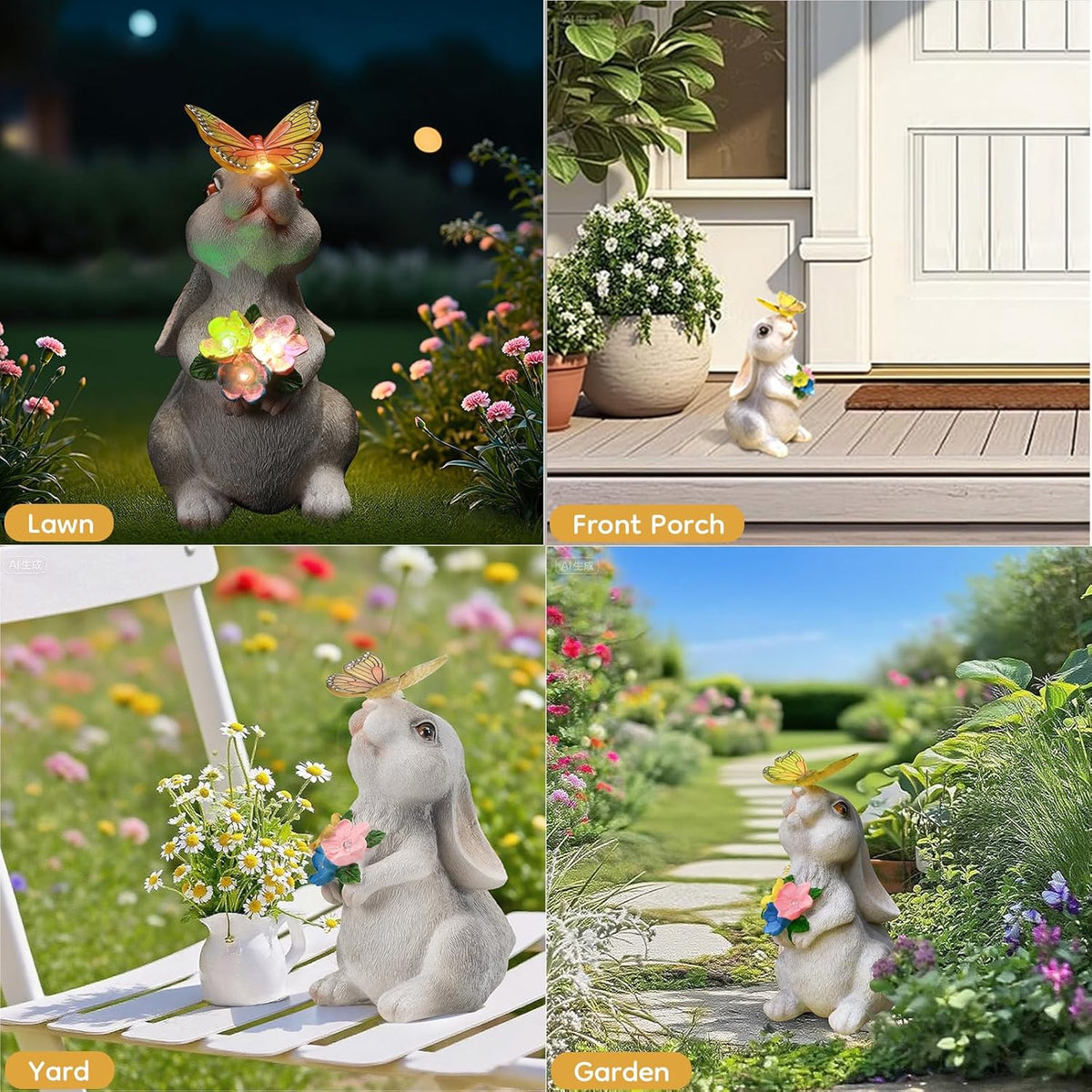 Solar Bunny Statues Light for Garden - Color-Changing Rainbow LED Butterfly,Rabbit Figurine Decor