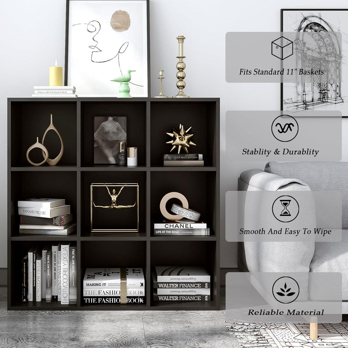 9-Cube Storage Shelf Bookcase - Wooden 3-Tier Free Standing Open Bookshelf for Home and Office