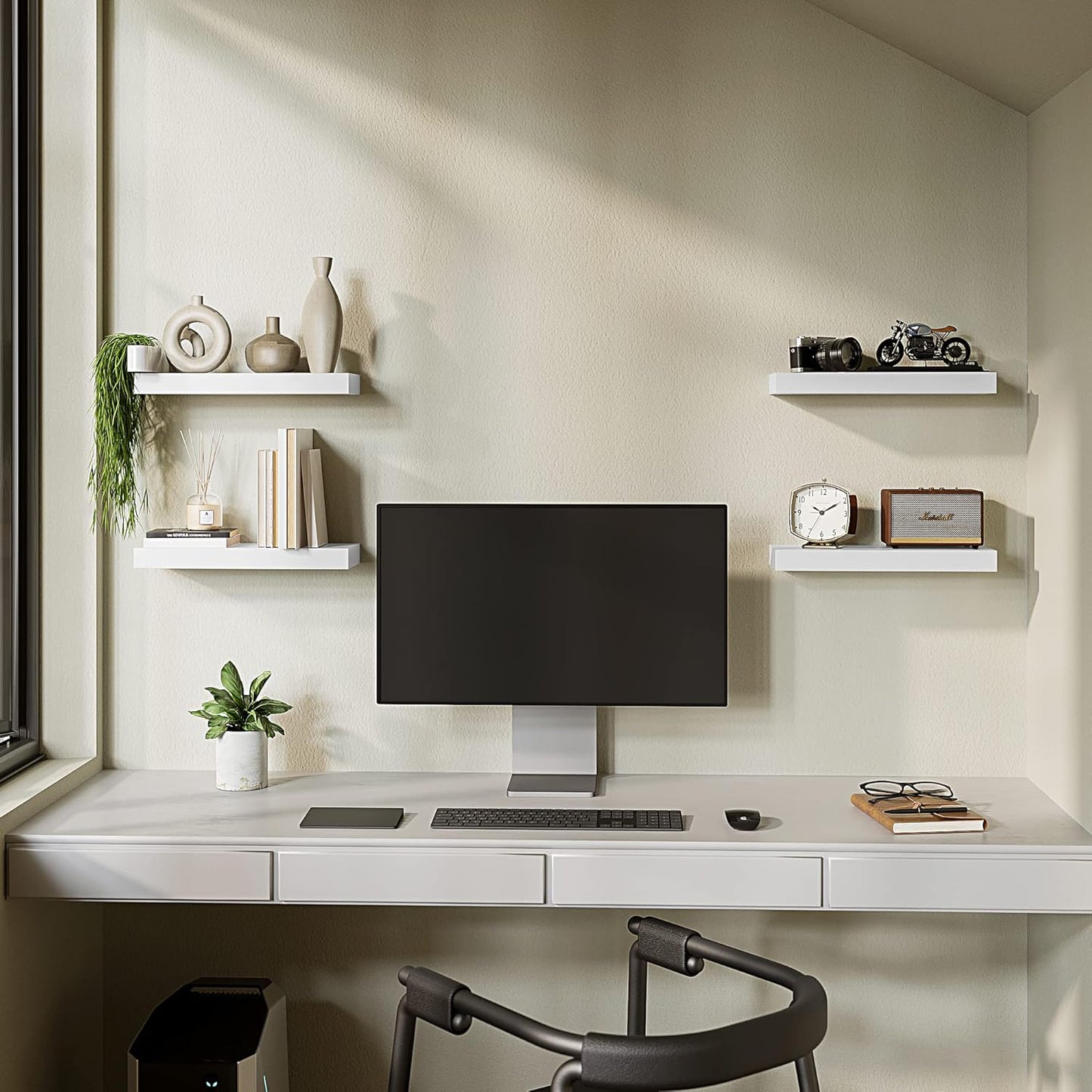 BAMEOS Floating Shelves, White Wall Mounted Wooden Shelves with Invisible Brackets Set of 2