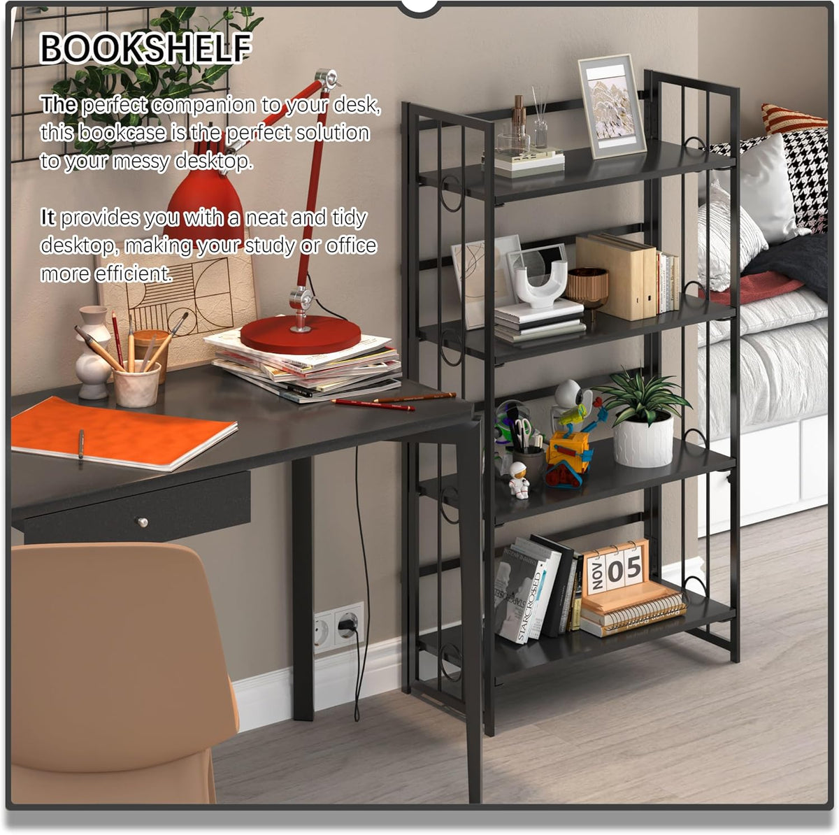 4NM No Assembly 4 Tiers Folding Bookshelf, 47.2" H Foldable Storage Shelves Vintage Bookcase