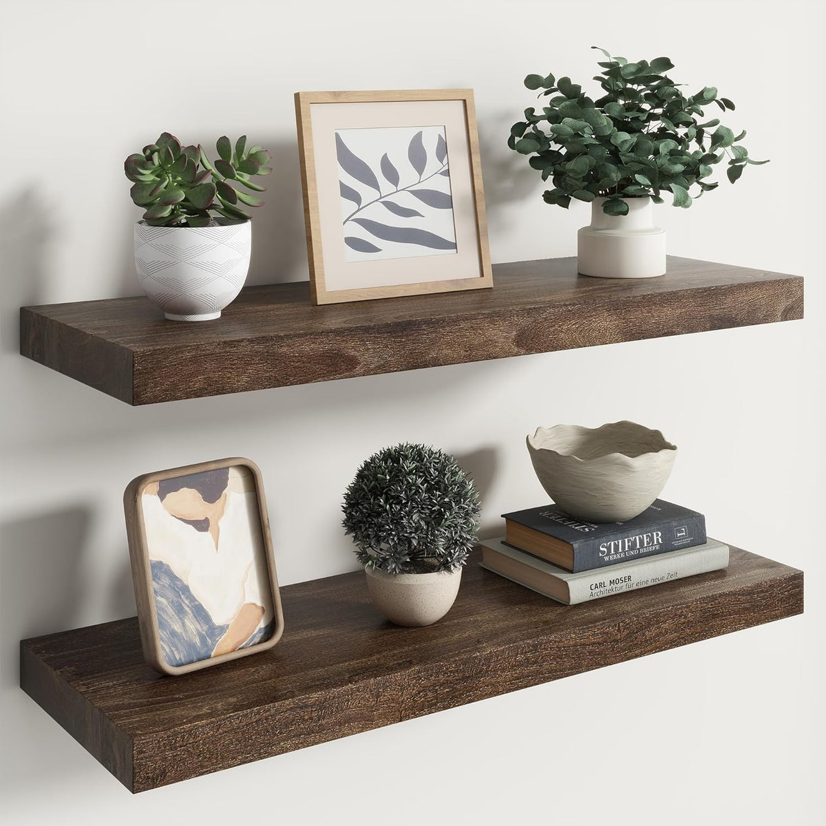 RICHFOCUS Elm Floating Shelves for Wall - 30" W x 9.3" D Rustic Solid Wood Shelves with Invisible