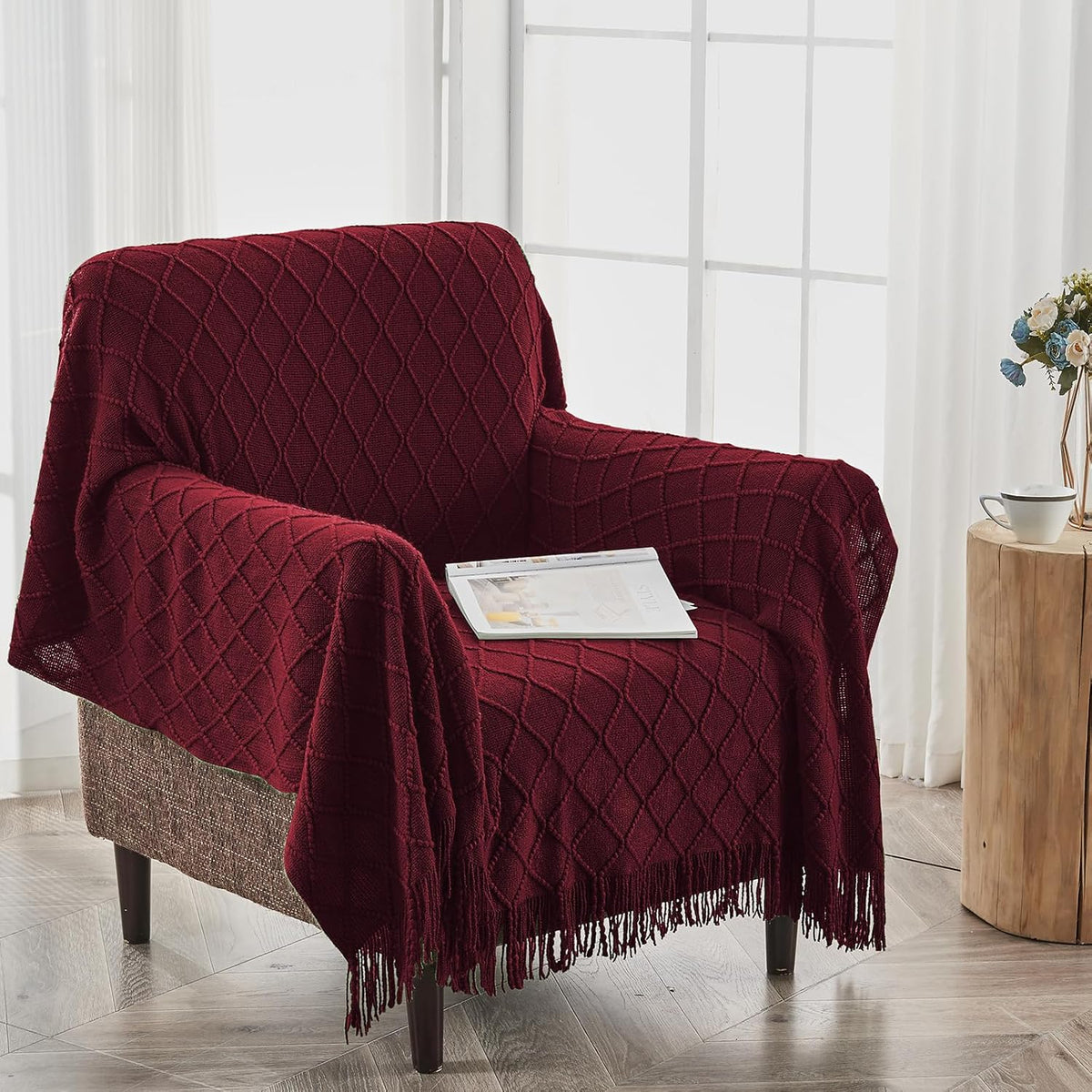 inhand Knitted Throw Blankets for Couch and Bed, Soft Cozy Knit Blanket with Tassel, Claret