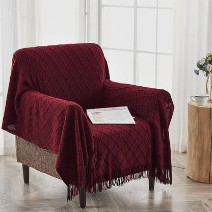 inhand Knitted Throw Blankets for Couch and Bed, Soft Cozy Knit Blanket with Tassel, Claret
