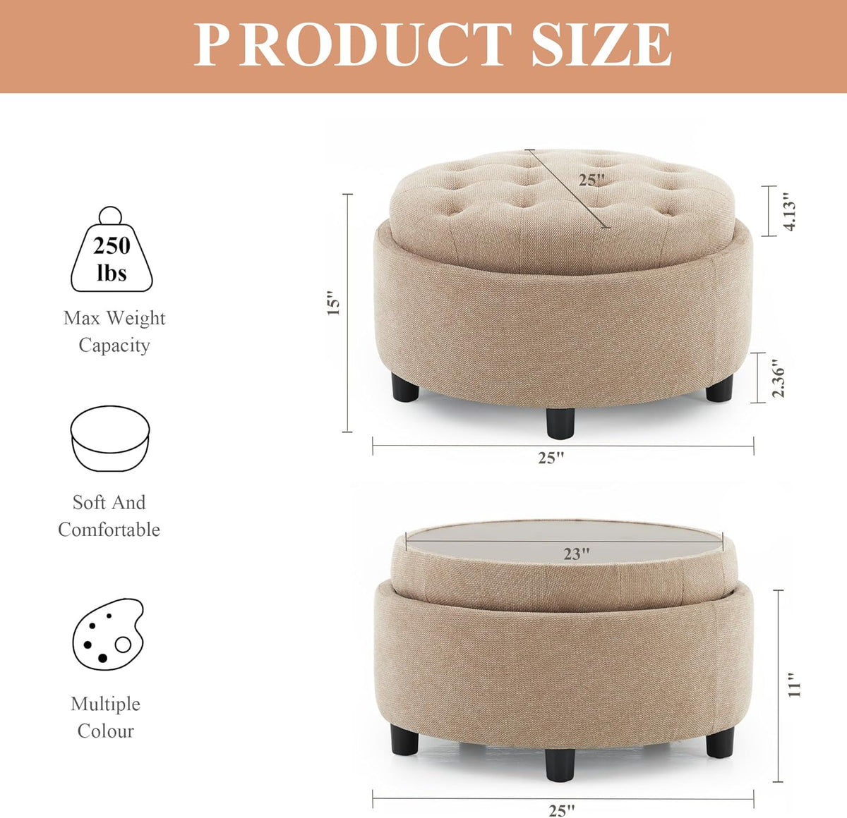 COLAMY Fabric Round Storage Ottoman with Reversible Tray Lid – Multi-Functional Footrest, Hidden