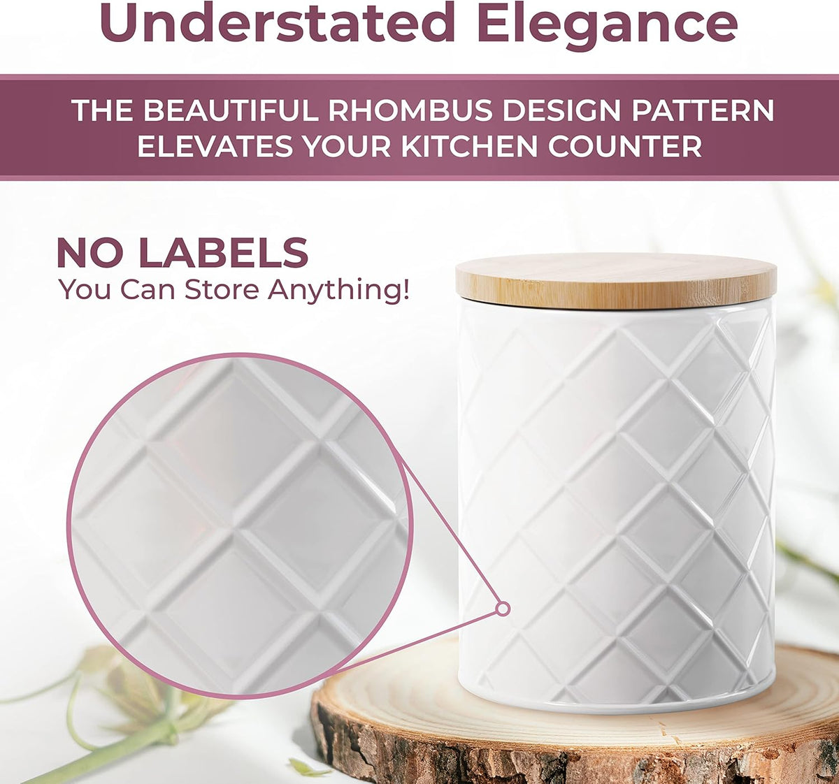 Pebble & Stem® White Metal Canister Set for the Kitchen Counter, Food Canister Set of 4, Airtight