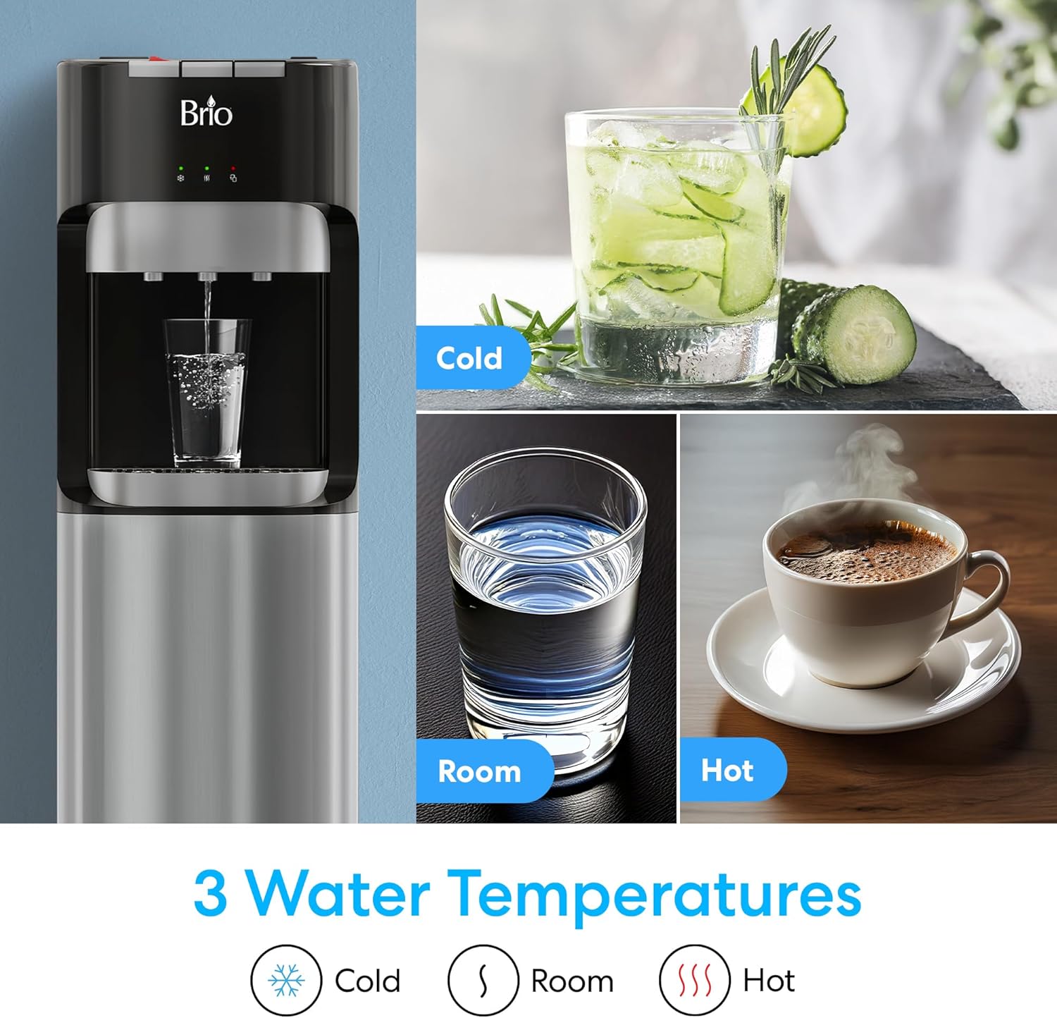 Brio Bottom Loading Water Cooler Dispenser for 5 Gallon Bottles - 3 Temperatures with Hot, Room &