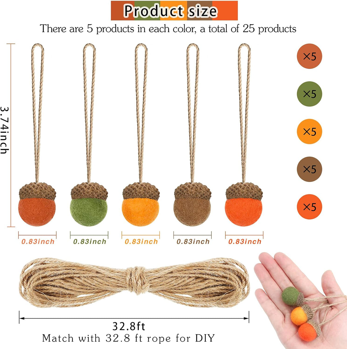 Tatuo 25 Pcs Fall Felt Acorn Ornament Hanging Wool Felted Acorn Garland for Fall Tree Ornament