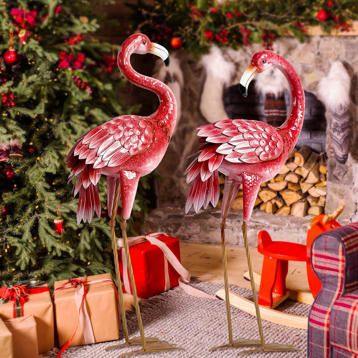 Kircust Flamingo Garden Statues and Sculptures, Metal Birds Yard Art Outdoor Statue, Large Pink